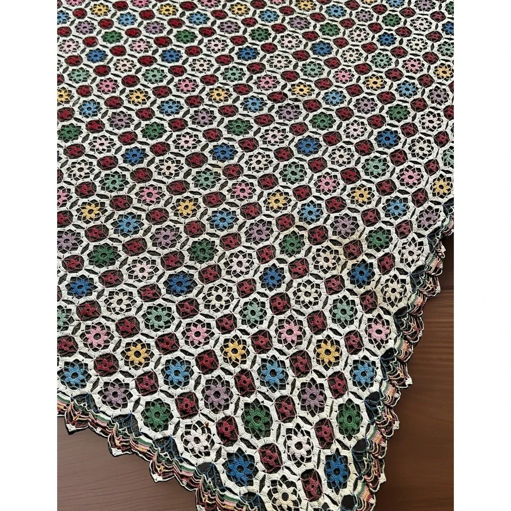 VTG Hand Crocheted Floral Heirloom Tablecloth Colorful & Ecru 60x60